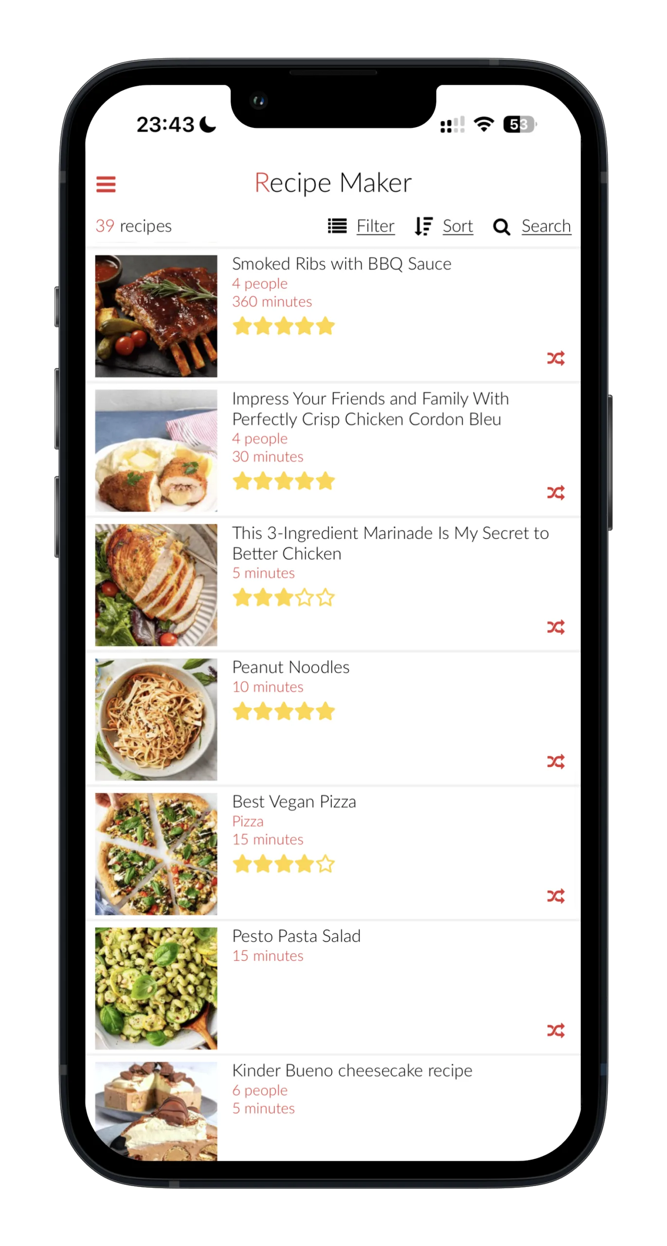 Rate recipes with stars in the Recipe Maker app